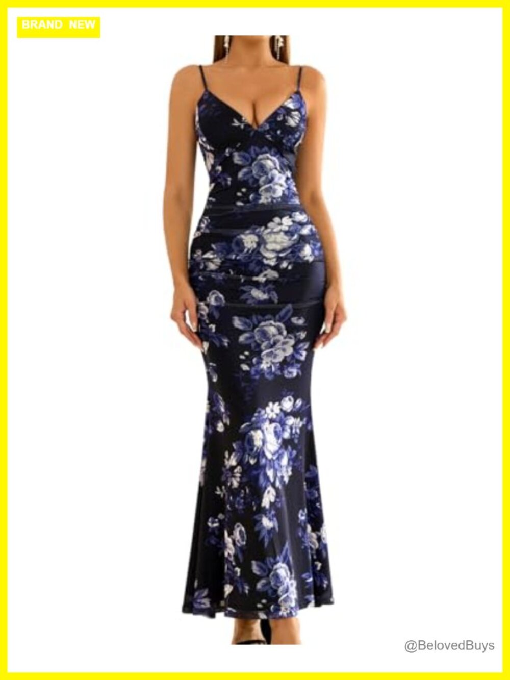 Floral Mermaid Maxi Dress V-Neck Sleeveless Ruched Cocktail Wedding Guest